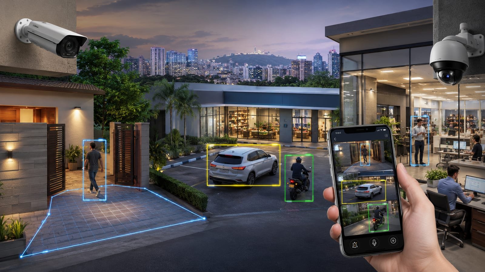 AI CCTV camera detecting people and vehicles with real-time mobile alerts in Pune