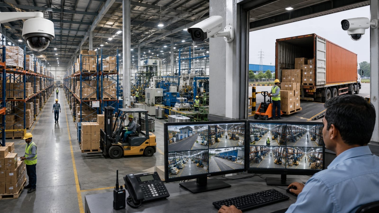 CCTV cameras monitoring warehouse aisles, loading bay and factory floor on live multi-camera feeds